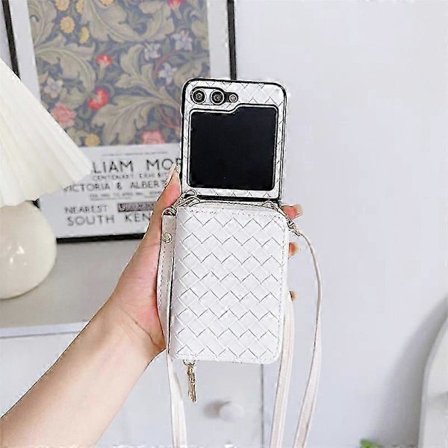 Plånboksfodral med axelrem för Samsung Galaxy Z Flip 6, vävt PU-läder, stöttåligt fodral med axelrem och korthållare