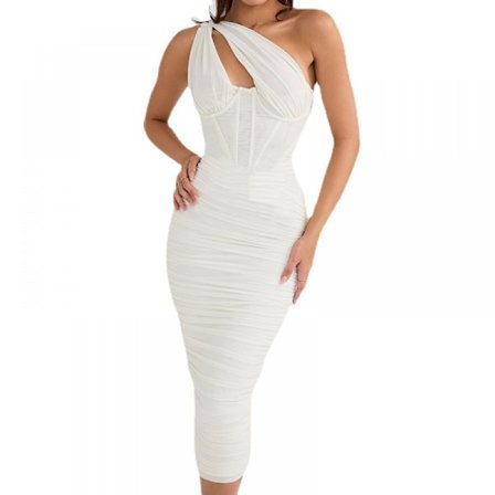 Kjole Sexet Skrå Skulder Hul Wrap Hofte Kjole (Hvid S)