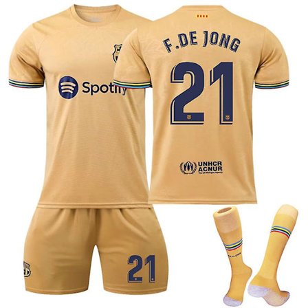 2022-2023 Barcelona Away nr. 21 Frenkie De Jong T-shirt sæt til voksne og børn