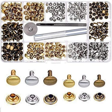 240 kpl Kaksipuolisia niittejä, nahkaniittejä 2 koossa ja 3 värissä, onttoja niittejä 3 kiinnitystyökalulla, 1 säilytyslaatikko, tee-se-itse 