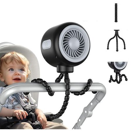 Flexibel Barnvagnsfläkt – Portabel Fläkt med Batteri, Uppladdningsbar med 3 Hastigheter, för Barnvagn, Säng eller Kontor_OF