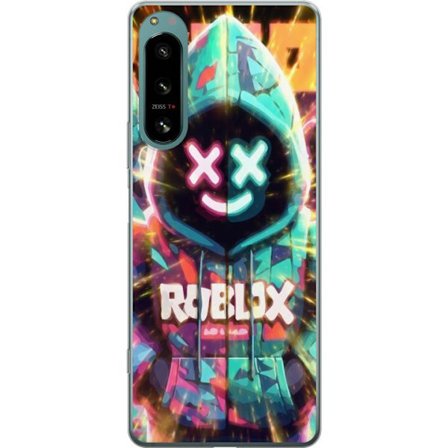 Kompatibelt Mobildeksel til Sony Sony Xperia 5 IV Neonfarget Roblox hettegenserfigur med lysende effekter og energifylt bakgrunn, moderne spillillustr
