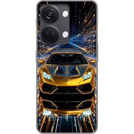 OnePlus Nord 3 Läpinäkyvä kuori Kultainen urheiluautoillustraatio, futuristinen luksusauto valopolkujen kera täydellinen eksklusiivisille autokuvi
