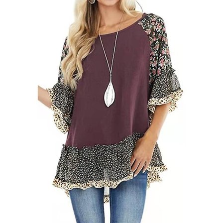 Kvinnors casual leopard blommigt tryck t-shirts med medellång ärm