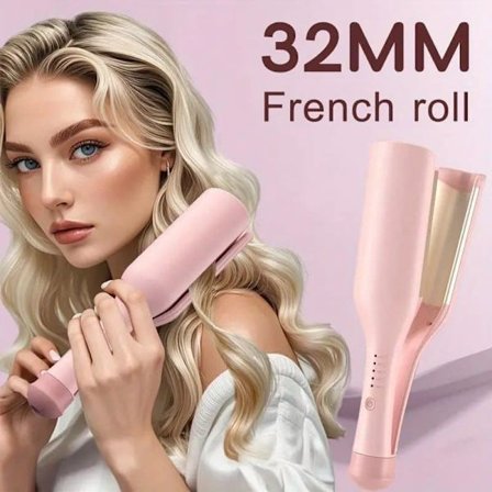 Krølltang for store krøller 32 mm, fransk bølgeformet krølltang 32 mm, krølltang for strandbølger, krølltang 160°C rosa