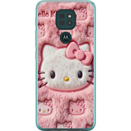 Kompatibelt Mobildeksel til Motorola Moto G9 Play Hello Kitty rosa fluffy bakgrunn med ikoniskt ansikt og kawaii-estetikk