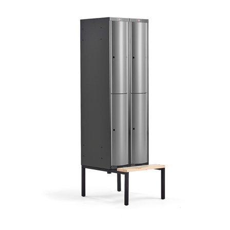 Kleiderspind CURVE mit Sitzbank, 2 Module/2 Türen, 2120 x 600 x 550 mm, Silbergrau