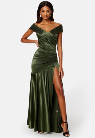 Goddiva Satin Bardot Pleat Maxi With Split Olive Klær
