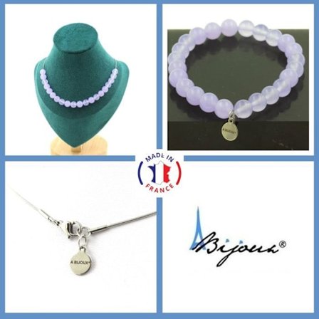 Stenar och mineraler. Smyckesset Armband Halsband 20 Lavendel Kalcedonpärlor 8 mm. Anpassningsbar storlek.