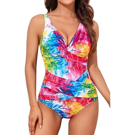 Mavekontrol Badedragt til Kvinder, Slankende Heldragt, Retro Rynket Push-up, Vintage Polstret Farve Tie Dye L