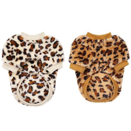 Husdjurskläder, tjocka leopardmönstrade hundkläder, 2-delat hundfleece-set, vit, brun, L