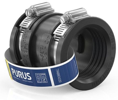 Purus 3032535 Toleranssiliitin musta, letkunkiristimillä 40/50 mm, Sisätilaviemäri