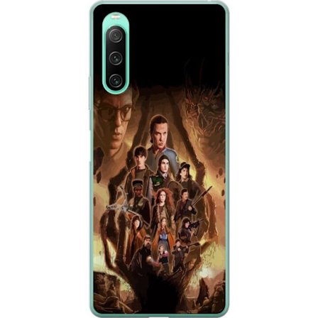 Kompatibelt Mobildeksel til Sony Xperia 10 IV Gruppportrett av heltene i Stranger Things med et mørkt fantasy-miljø og en truende skapning i bakgrun