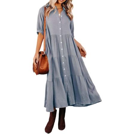 ivimos Dam Sommar Bomull Halv Ärmar Knapp Ned Casual Lös Slit Midi Klänning med Fickor Grå Stor