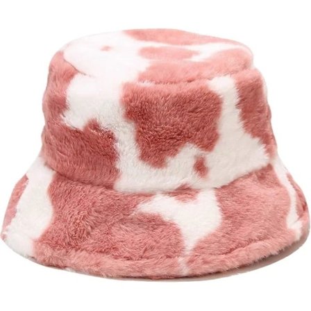 【PP】Vinter Fårskinnsbøttehatt Fluffy Varm Hatt for Kvinner Menn Ku-trykk Rosa