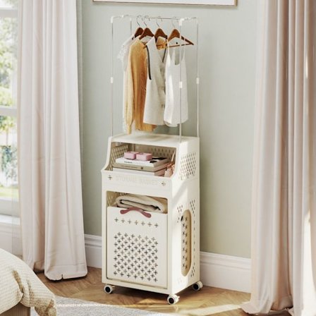 2 i 1 Mobil Fällbar Hylla COSTWAY, Klädställning, 30L Multi-Lager Tvättkorg, Avtagbar Förvaringslåda, Krokar