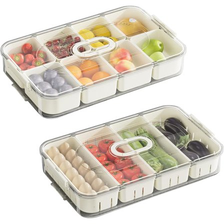 2 Stycken Snackslådor med Fack, Snacksbricka med Lock, Frukt- och Grönsaksfat med 8 + 4 Fack, Snacksskål med Lock 34 x 21 x 6 cm