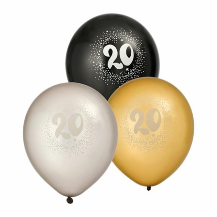 Ballong 12" 20års födelsedag siffra Vit/Guld/svart 6-pack