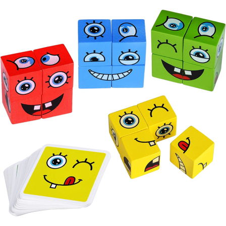 Trä Emoji Matchande Block Pussel Pedagogiskt Spel Montessori STEM Leksaker för Förskola Barn 3 År och Uppåt, Ansiktsförändrande Kuber (16 Bitar, 64 