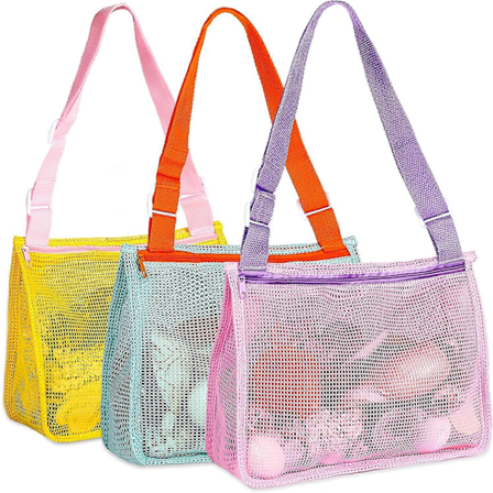 Nätpåsar för strandleksaker - Barnens skalinsamlingsväskor Sandleksakspåsar med justerbara bärremmar Perfekt kul för barn som jagar skal i