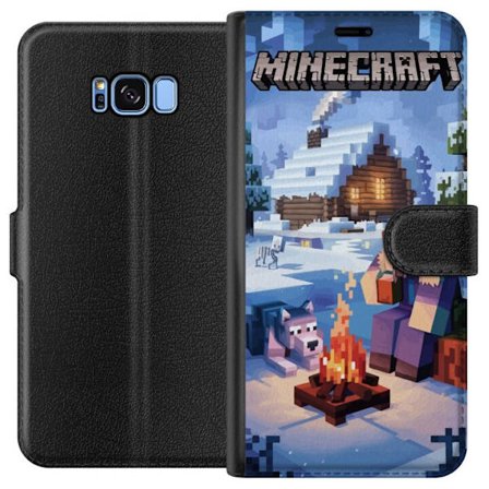 Kompatibelt Plånboksfodral till Samsung Galaxy S8 Minecraft vintermotiv med Steve, varg, lägereld och snöig stuga spelinspirerad illustration perfe