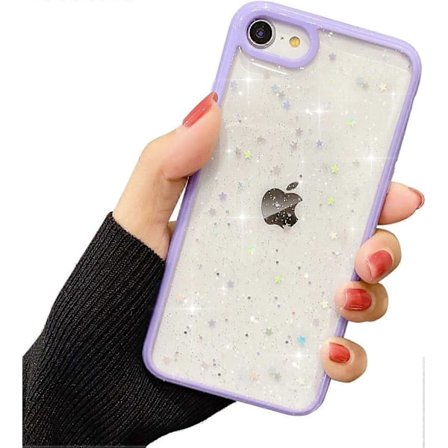 Kompatibel med iPhone 7/8/SE 2020 Cover til Piger, Blødt Slim Fit Fuldt Beskyttende Sød Klar Glitrende Bling Stjerne - Lilla