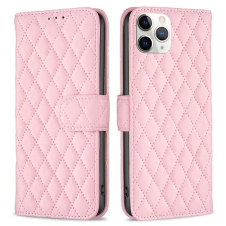 BINFEN COLOR iPhone 11 Pro 5.8 inch Wallet Cover, BF Style-14 Imprinted Rhombus Pattern Stand stødsikkert Matte Vegansk Læder Case - Lyserød