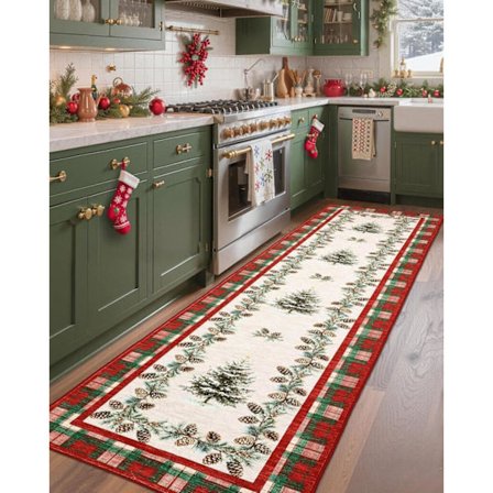 Juleteppe Langt Teppe 60x180/120x180cm Sklisikkert Kjøkkenteppe Rutemønster Juletreteppe for Gang og Soverom