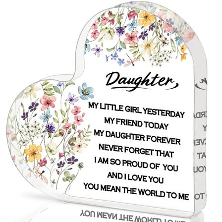 Lahja äidiltä tyttärelleni - 10x10cm sydämenmuotoinen akryylimuistoesine syntymäpäiväksi, jouluksi, akryylinen koristeellinen pöytälaatta kodin 