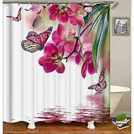 Punainen perhonen suihkuverho, keväinen luonto kasvi kukka vaaleanpunainen persikankukka ja fantasia zen keiju järvimaisema, 152 x 183 cm 