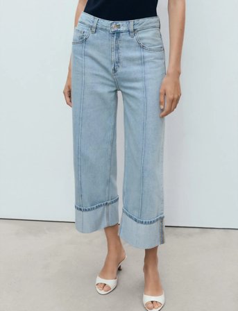 Mango Wide-Leg Cropped Jeans With Rolled-Up Hem - Blue - 34