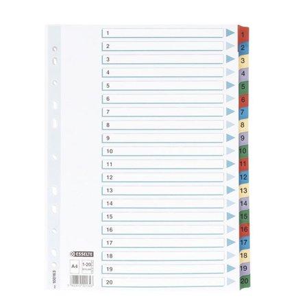 ESSELTE Indexavdelare, A4, kartong och polypropylen, 1–20 flikuppsättning, olika färger - Lyreco - Kontorsmaterial - Pärmar och register - 