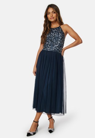 AngelEye - High Neck Sequin Midi Dress - Navy - Kläder - - Bubbleroom