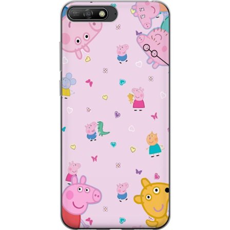 Kompatibelt Mobildeksel til Huawei Y6 (2018) Peppa Gris med en baby i armene, mamma gris motiv i fargerik og myk barneillustrasjon med hjerter