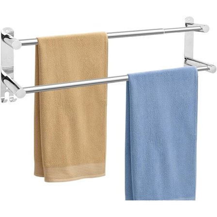 Håndklestativ for bad, 50 cm justerbart håndklestativ, skrumontering i rustfritt stål, håndkleholder for bad, tapekrok, dobbel håndklestang, håndkle