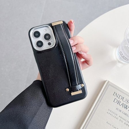 Fodral för iPhone16plus svart vaxläder armband anti fall full metallring