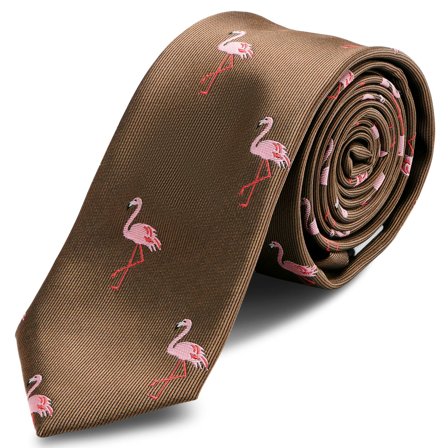 Cravatta skinny marrone con fenicotteri rosa per uomini - Cravatte strette