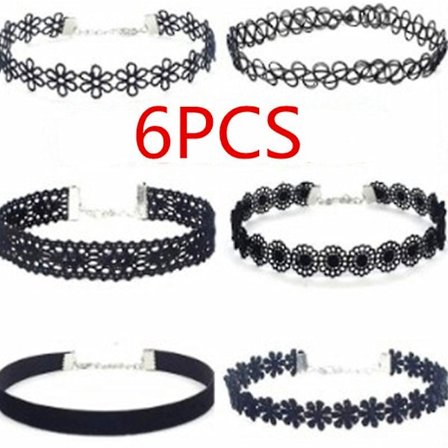 Choker Set, 6 st Choker Halsband Svart Sammet Choker Set Klassiska Gotiska Tatuering Spets Chokers