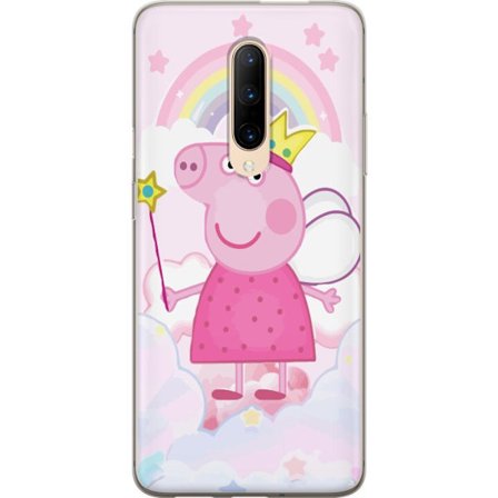 Yhteensopiva Puhelinkuori OnePlus 7 Pro Peppa Pig prinsessamotiivi kruunulla, siivillä ja sateenkaarella, satumainen lasten kuvitus pilvitaustalla