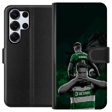 Kompatibelt Lommeboketui til Samsung Galaxy S25 Ultra Neonmotiv med teksten "Gaming is in my DNA" på en blå og rød murvegg med en lysende DNA-spiral.