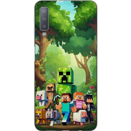 Kompatibelt Mobildeksel til Samsung Galaxy A7 (2018) Blokkete pikselerte spillverden med grønne figurer og dyr i frodig skogsmiljø