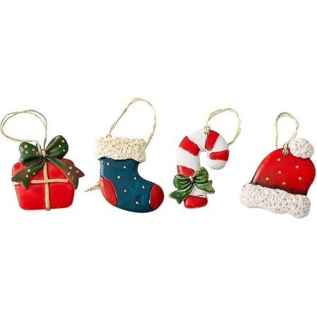 Julepyntsett med miniatyrfigurer i harpiks - Hengende landskapspynt for snøfylt vinterkrans, tilbehør, 4 stk, farget