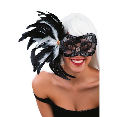 Ansiktsmask - Black lace mask with feathers