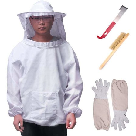 4PCS Beekeeping Suit Tool Set-Beekeeper Suit Veil Tools Kit,Long Sleeve Gloves Bee Hive Brush J Hook Hive Half Body