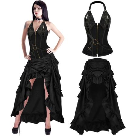 iour Steampunk Cosplay Kostym Set Renässans Bustier Topp Korsett Pirat Gotisk Viktoriansk Hög Låg Bustle Kjold Klänning Svart X-Large