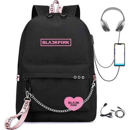 Kpop Ryggsekk Lisa Rose Jisoo Jennie Shouler Bag Messenger Bag Fashion Usb Lading Ryggsekk (svart 2)