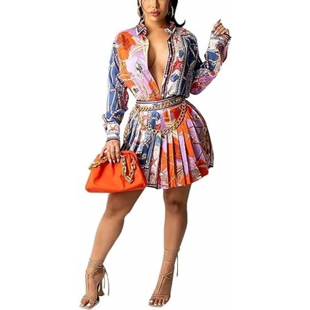 IC Blommig långärmad skjorta med 2-delad klänning för kvinnor och set med plisserade minikjolar (orange, L)