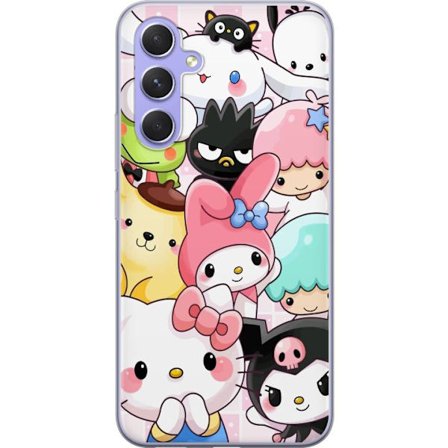 Yhteensopiva Puhelinkuori Samsung Galaxy A54 Tiheä kuvio suloisia hahmoja, joilla on suuret silmät eri väreissä ja ilmeissä LABUBU-tekstillä