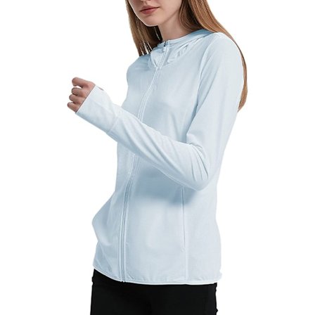 UPF 50+ UV Solbeskyttelse Dameklær Zip Up Hoodie Langærmet Fiske Løping Vandring Jakke Utendørs Performance Skjorte, lyseblå, 4XL