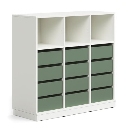 Student storage CASPER, 12 drawers, 3 upper compartments, base frame, white/dark green